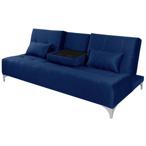 Sofa Cama Berlim com Mesinha - Essencial Estofados Reclinável Suede Liso - Azul Marinho