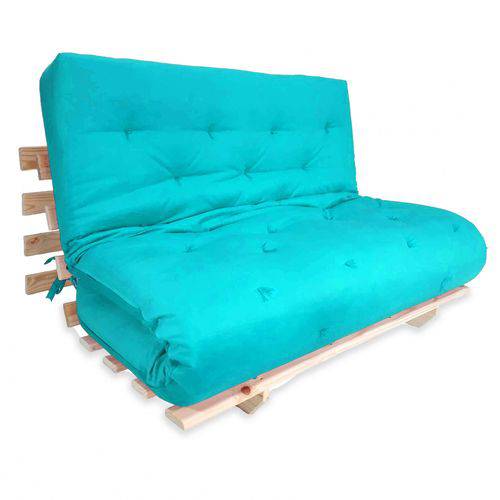 Sofa Cama Casal Futon Oriental Azul Turquesa com Madeira Maciça.