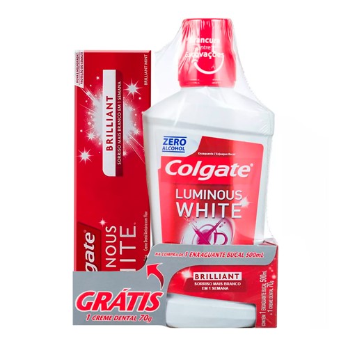 Solução Bucal Colgate Luminous White XD Shine Sem Álcool 500ml + Grátis 1 Creme Dental Sortido 70g