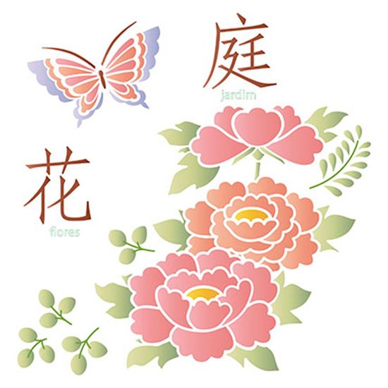 Stencil Litoarte 25x25 STXXV-011 Japão Flores e Borboleta