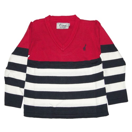 Suéter Infantil em Tricô Listras Largas Vermelho, Azul Marinho e Branco Toffee Menino2