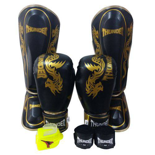 Super Kit de Muay Thai / Kickboxing 14oz - Caneleira G - Dragão Preto Cm Dourado - Thunder Fight