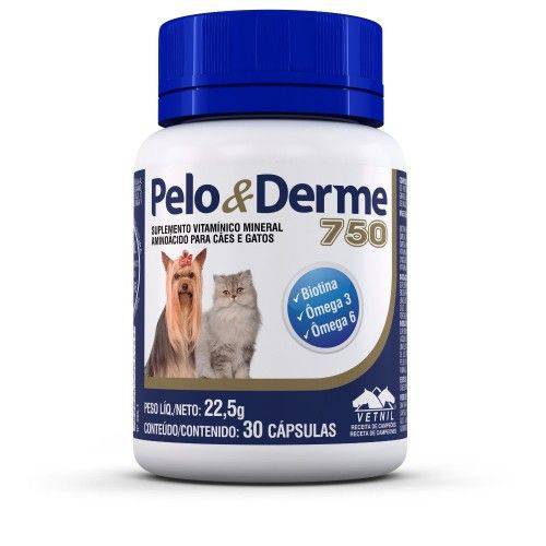 Suplemento Vetnil Pelo e Derme 750 para Cães e Gatos 30 Cápsulas