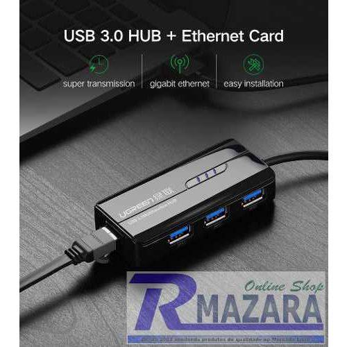 Switch Hub USB 3.0 1000mbps 1 Gbps com 1x Rj45 e 3x USB 3.0