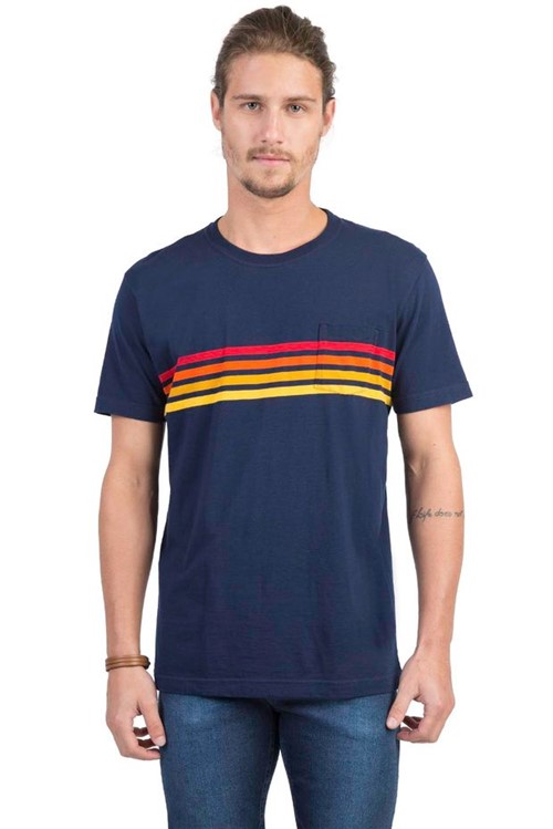 T-Shirt com Bolso Listrada Azul Marinho Azul Marinho/P