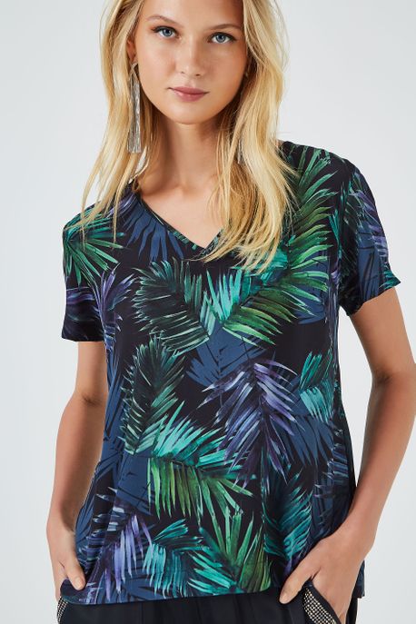 T-Shirt Decote V Estampado 1 Est Palmeira Exotique Preto M - 36