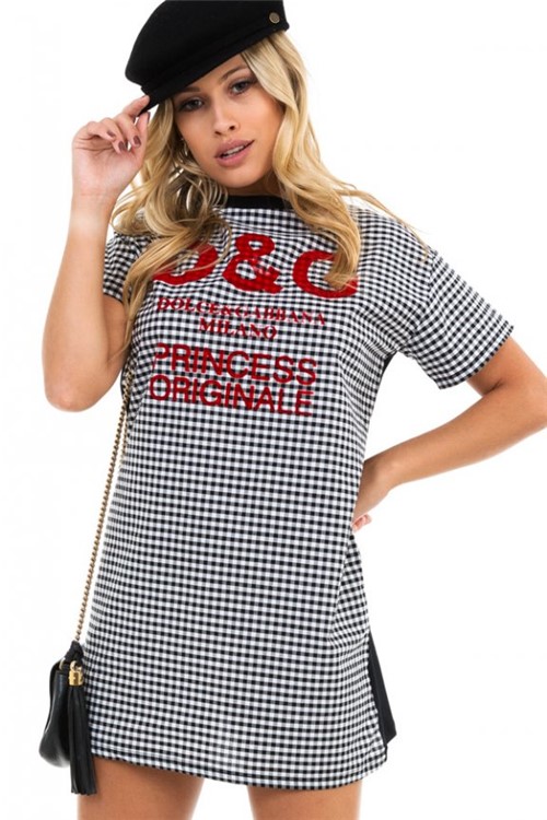 T-shirt Dress Vichy com Estampa Lettering BL4212 - Kam Bess