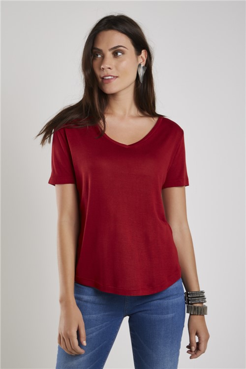 T-Shirt Malha Básica Tricot Decote V Vermelho Tribo - P