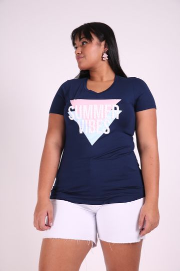 T-shirt Silk Summer Vibes Plus Size Azul Marinho P