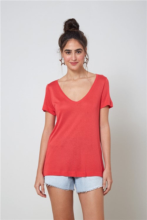 T-Shirt Visco Decote V Vermelho Pimenta - M