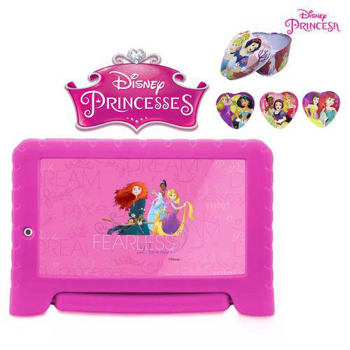 Tablet Kid Pad Plus das Princesas da Disney com Capa Emborrachada Ergonômica, Android 7.0, Quad Core, Multilaser + Porta Jóias das Princesas