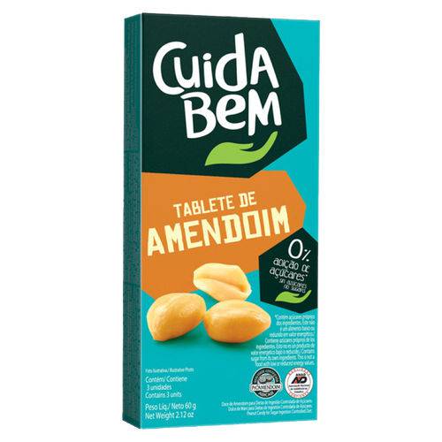 Tablete de Amendoim Zero Açúcar 60g - Cuida Bem