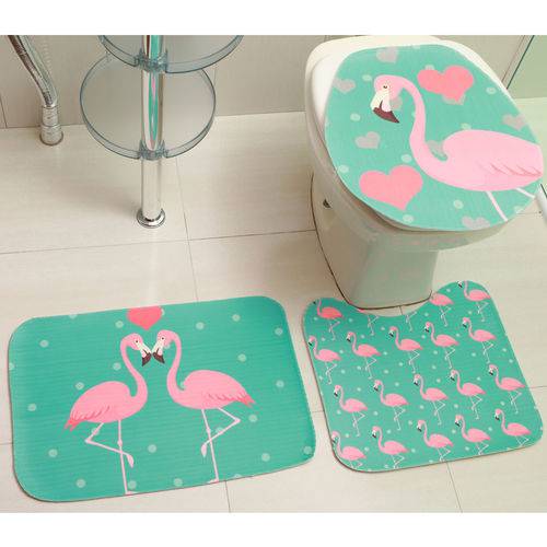 Tapete Jogo de Banheiro 3 Peças Transfer Flamingos