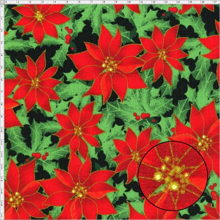 Tecido Estampado para Patchwork - 26646 Flor de Natal Cor 02 Preto (0,50x1,40)