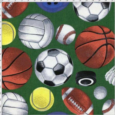 Tecido Estampado para Patchwork - Bola de Jogos Fundo Verde Cor 01 (0,50x1,40)