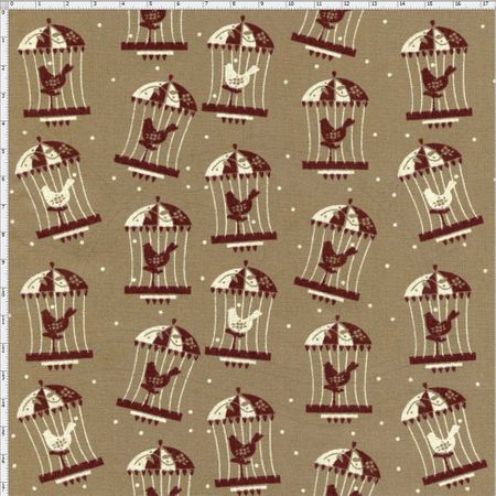 Tecido Estampado para Patchwork - Coleção Folk Gaiola com Pássaros Fundo Caramelo (0,50x1,40)