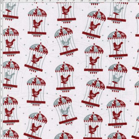 Tecido Estampado para Patchwork - Coleção Folk Gaiola com Pássaros Fundo Cinza (0,50x1,40)