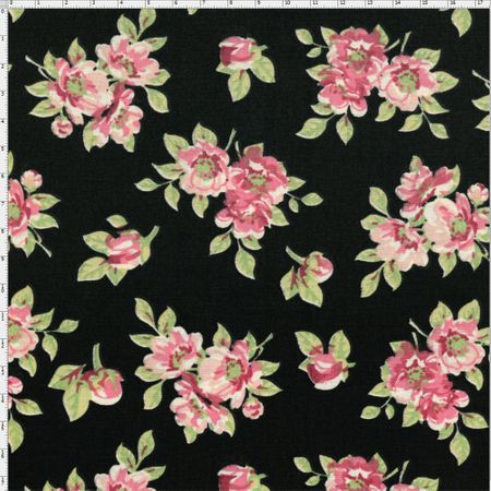 Tecido Estampado para Patchwork - Coleção Jardim das Flores Jardim Preto Rosé (0,50x1,40)