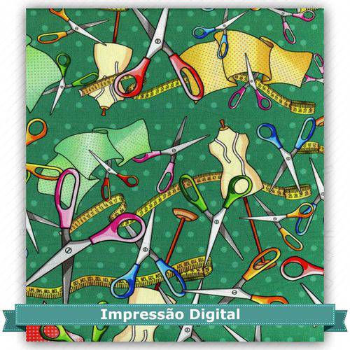 Tecido Estampado para Patchwork - Digital Tesoura Verde (0,50x1,40)