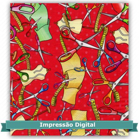 Tecido Estampado para Patchwork - Digital Tesouras Vermelho (0,50x1,40)