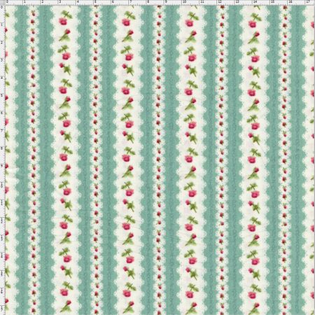 Tecido Estampado para Patchwork - Millyta Four Seasons Listrado Verde com Rosas (0,50x1,40)