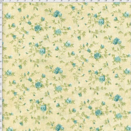 Tecido Estampado para Patchwork - Millyta Four Seasons Ramos com Rosas Azul Fundo Bege (0,50x1,40)