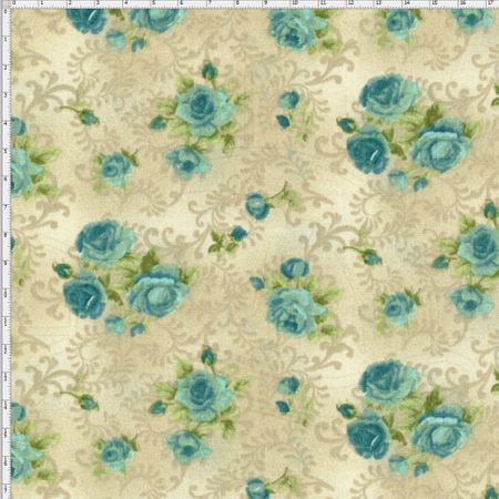 Tecido Estampado para Patchwork - Millyta Four Seasons Rosas Azul com Arabesco Fundo Bege (0,50x1,40)