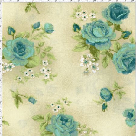 Tecido Estampado para Patchwork - Millyta Four Seasons Rosas Azul com Fundo Bege (0,50x1,40)