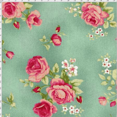Tecido Estampado para Patchwork - Millyta Four Seasons Rosas com Fundo Verde (0,50x1,40)