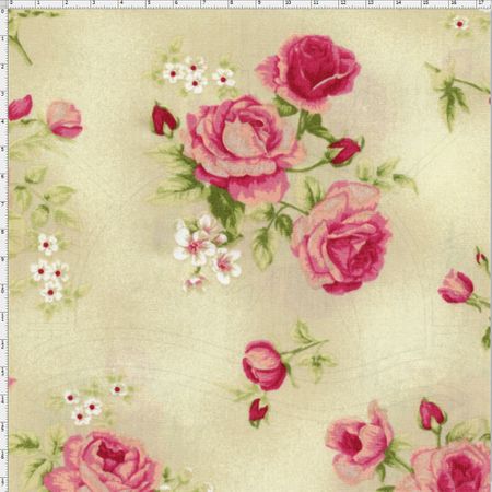 Tecido Estampado para Patchwork - Millyta Four Seasons Rosas Rose com Fundo Bege (0,50x1,40)