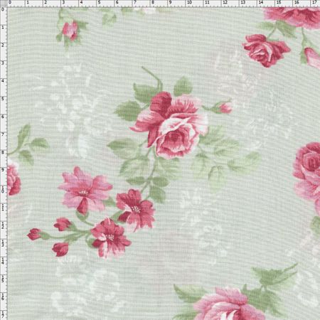 Tecido Estampado para Patchwork - Millyta Shabby Romantic Rosas com Textura Verde Claro (0,50x1,40)