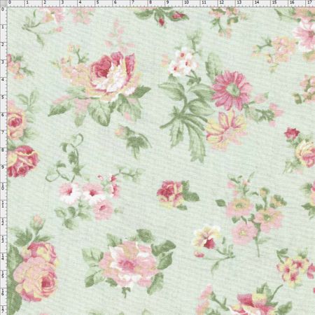 Tecido Estampado para Patchwork - Millyta Shabby Romantic Rosas Médio Verde Claro (0,50x1,40)