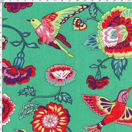 Tecido Estampado para Patchwork - Modern Oriental: Floral Eden com Pássaros Fundo Verde (0,50x1,40)