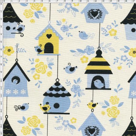 Tecido Estampado para Patchwork - Mundo dos Pássaros Casas de Passarinhos Azul Fog (0,50x1,40)