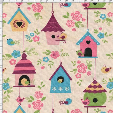 Tecido Estampado para Patchwork - Mundo dos Pássaros Casas de Passarinhos Rosa (0,50x1,40)