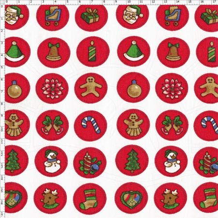 Tecido Estampado para Patchwork - Natal Button Natalinos Fundo Vermelho (0,50x1,40)