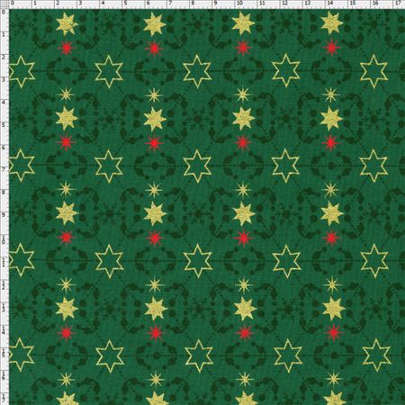 Tecido Estampado para Patchwork - Natal Floco de Neves e Estrelas Fundo Verde (0,50x1,40)