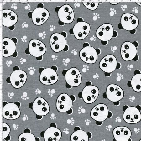Tecido Estampado para Patchwork - Panda: Panda com Patas Fundo Cinza (0,50x1,40)