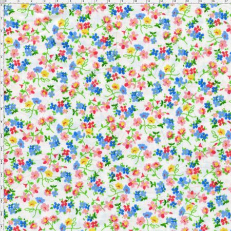 Tecido Estampado para Patchwork - Petits Roses II Floral Fundo Branco com Flores Azul e Rosa (0,50x1,40)