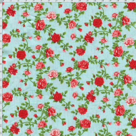Tecido Estampado para Patchwork - Petits Roses II Rosas Miúdas Azul com Rosas Vermelhas (0,50x1,40)