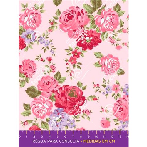 Tecido Tricoline Estampado Floral Rosa e Violeta - 1,50m de Largura