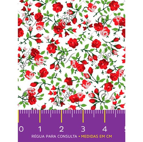 Tecido Tricoline Estampado Floral Vermelho Fundo Branco - 1,50m de Largura