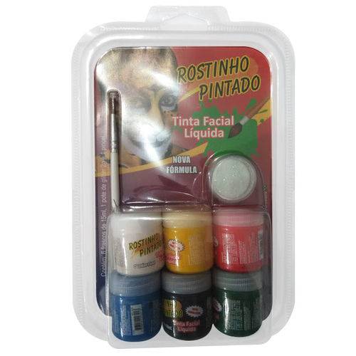 Tinta Facial Kit 6 Cores + Pincel e Pó Glitter 1080 - Rostinho Pintado