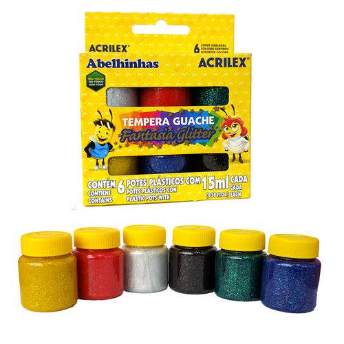 Tinta Guache Fantasia Glitter com 6 Cores - Acrilex