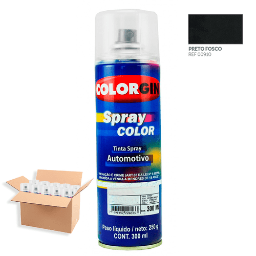 Tinta Spray Automotiva Colorgin Preto Fosco 300mL 12Un