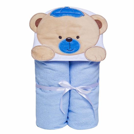 Toalha Bebê com Capuz e Forrada com Fralda Masculina Urso Azul
