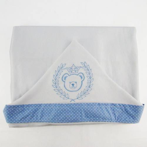 Toalha de Banho Masculina com Capuz Branca Bordada Urso Coroa Azul Claro