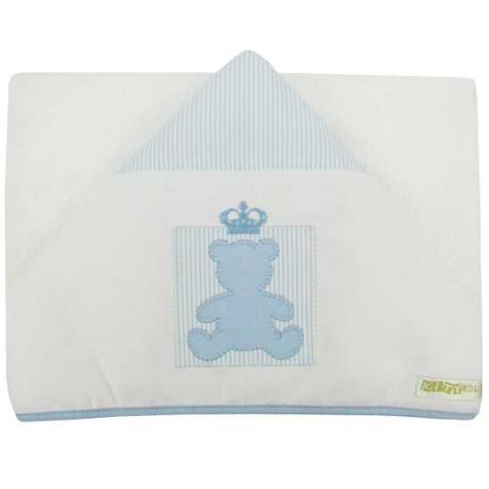 Toalha de Banho Masculino com Capuz Branca e Azul Claro Bordada Ursinho com Coroa