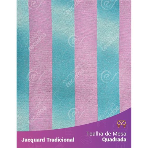Toalha de Mesa Quadrada em Tecido Jacquard Azul Tiffany e Rosa Listrado Tradicional 1,40m X 1,40m