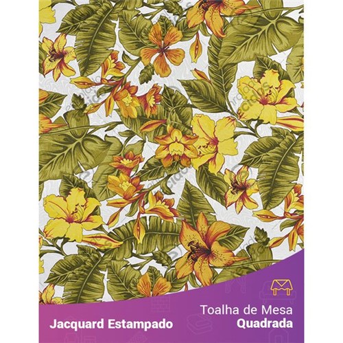 Toalha de Mesa Quadrada em Tecido Jacquard Estampado Flor Hibiscus Amarelo 1,40m X 1,40m